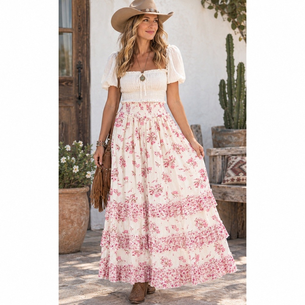 Pink Floral Smocked Tiered Ruffle Maxi Skirt Cream Boho Cottagecore Small